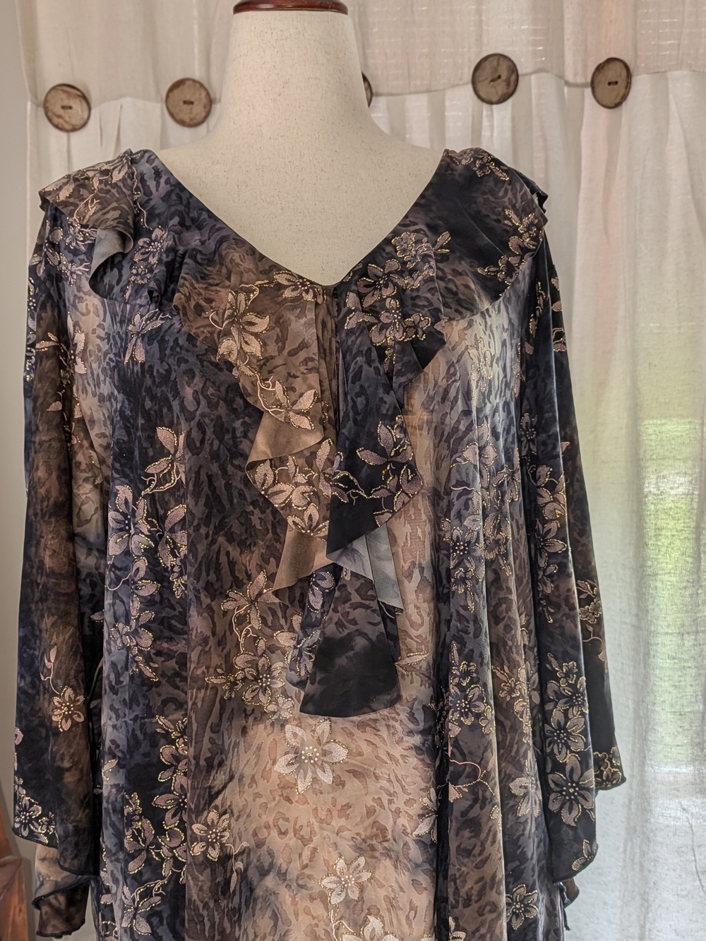 Essentials Stretchy Floral Ruffle Blouse Taupe, Gray, Blue Floral Print